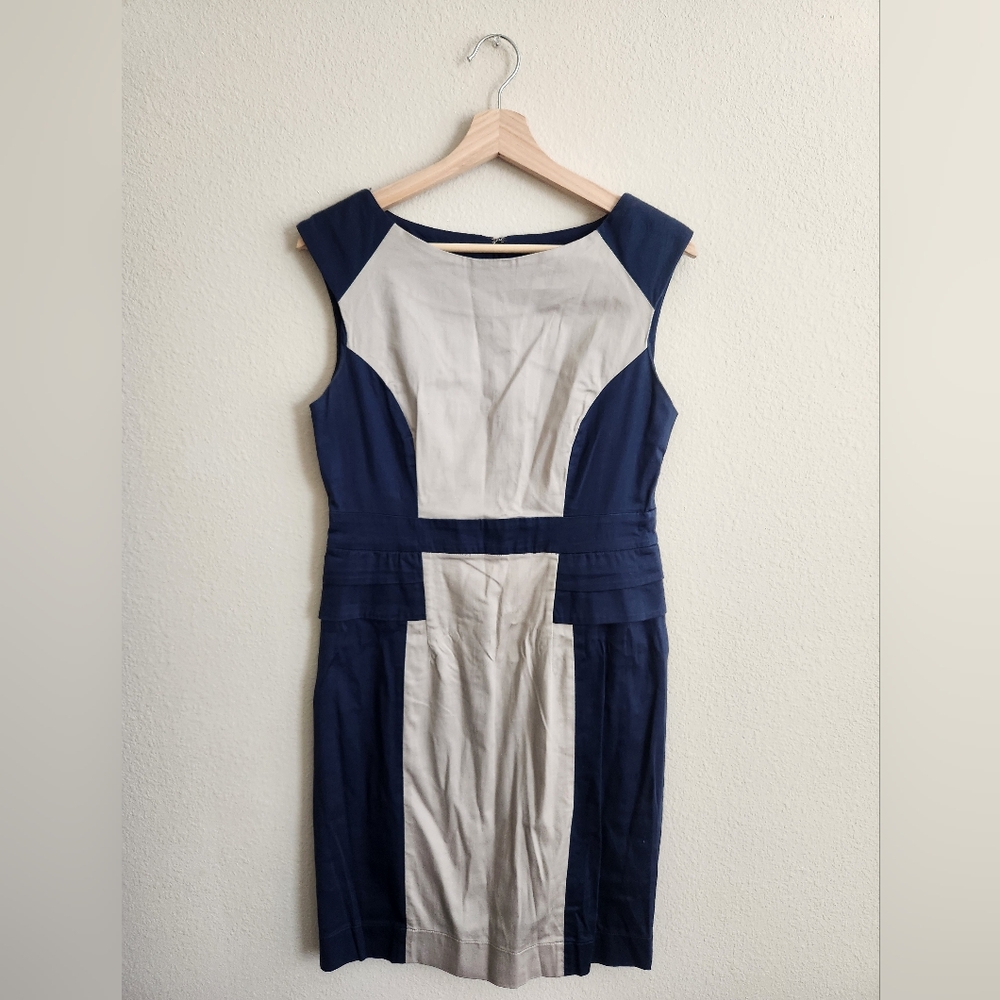 Womens Navy Blue Beige Colorblock Midi Dress Sleeveless Career Preppy Size 10